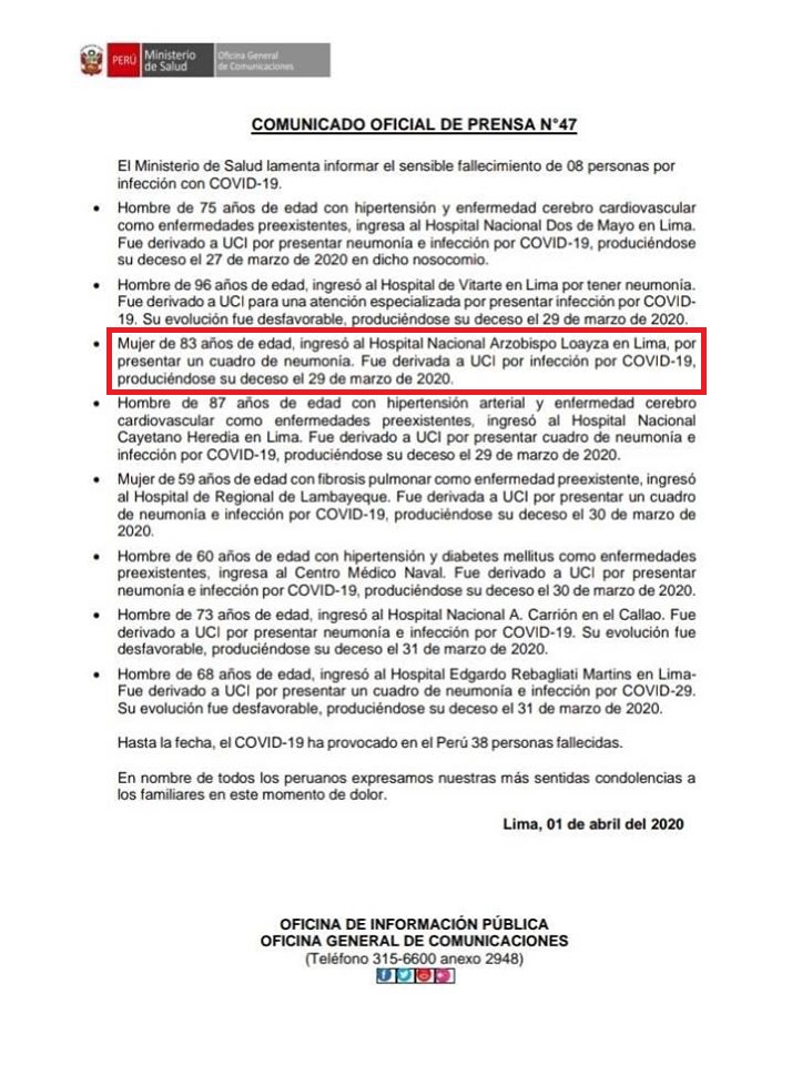 Cuestionado comunicado del Minsa afirma atención de mujer grave en UCI de hospital Loayza