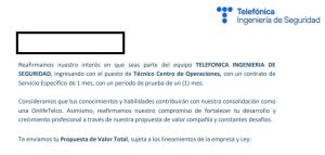 Captura del correo de bienvenida enviado por la empresa a Carlos 