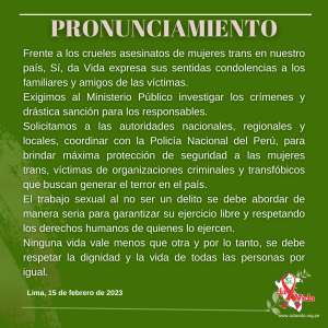 ONG Sí,da Vida se pronunció frente a los asesinatos de mujeres trans 